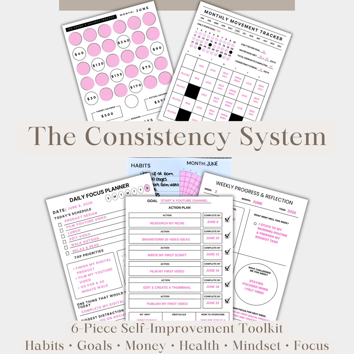 The Consistency System | Self-Improvement Printable Planner Bundle | 6 Digital Downloads